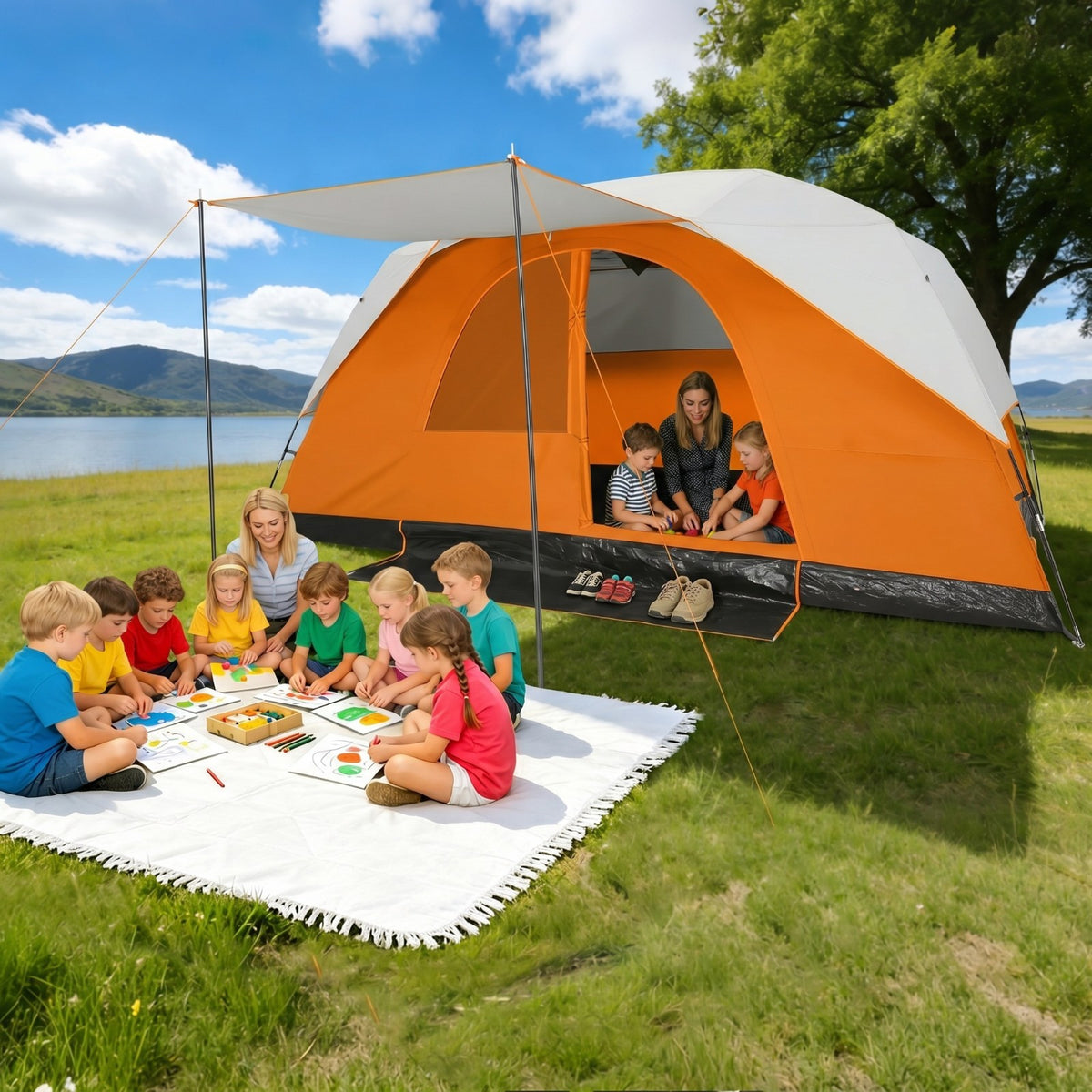 10-12 Person Camping Tent with Rainfly and Screen - Easy Setup, All-Weather Waterproof