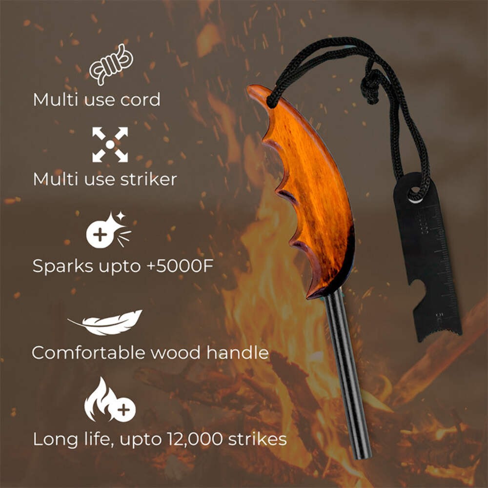 Ferro Rod Fire Starter Kit with Wooden Handle, Fatwood & Burlap Bag