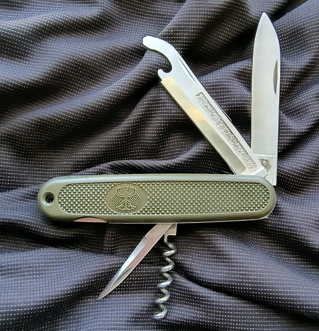 German Military Folding Pocket Knife with 5 Tools and Olive Drab Handle