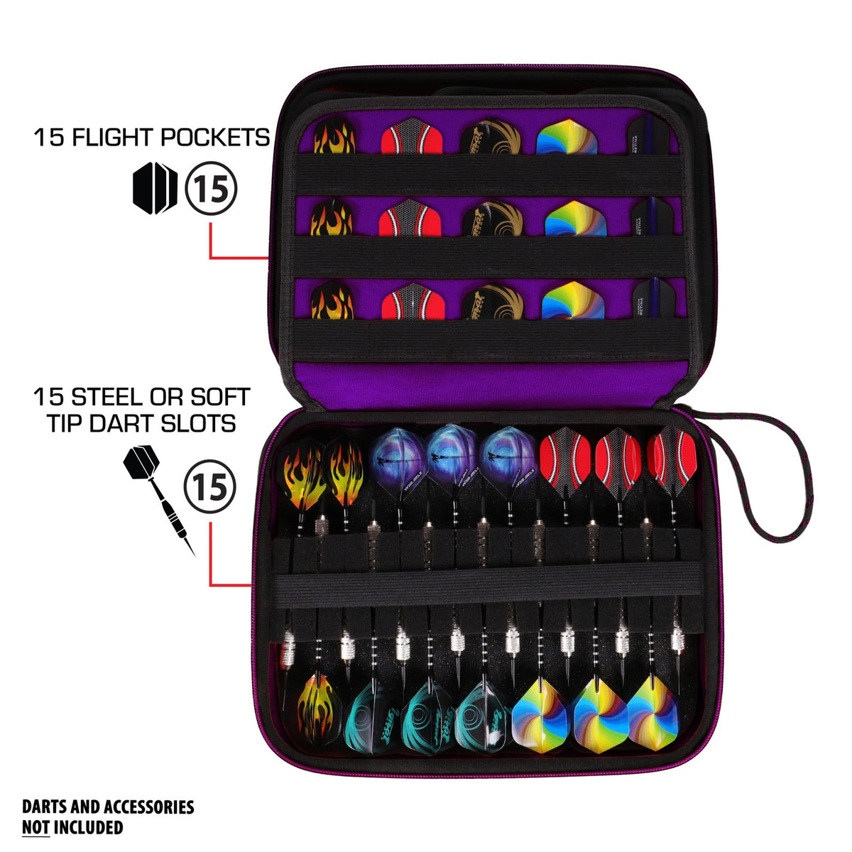 XL Hard Shell Dart Case - Holds 15 Darts & Accessories (Purple) for Steel & Soft Tip