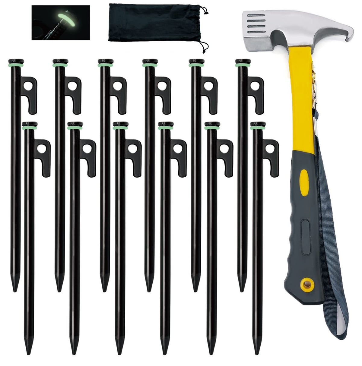 Heavy Duty Tent Stakes with Hammer - 10 Inch Steel Stakes for Camping (12 Pack)
