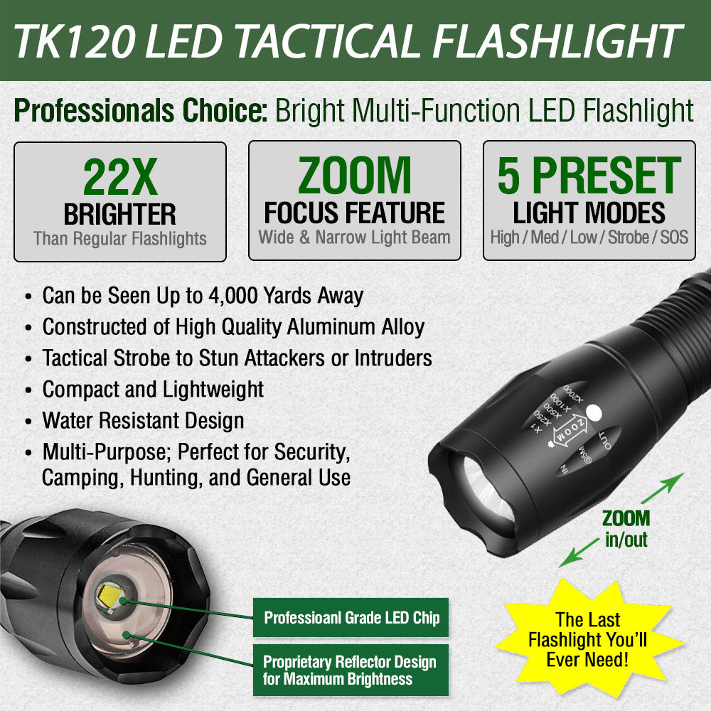 LED Tactical Flashlight with 5 Modes & Adjustable Zoom - Durable Aluminum