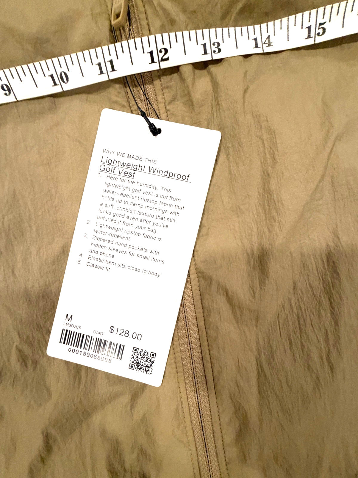 Men's Khaki Lightweight Windproof Golf Vest Full Zip Outdoor Outerwear