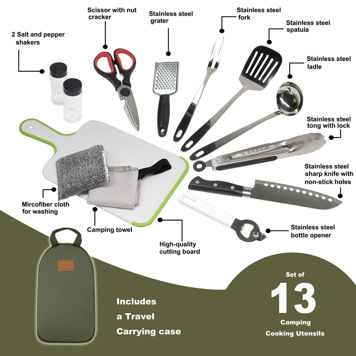 Camping Utensil Set with Organizer - Portable Cookware & Kitchen Tools