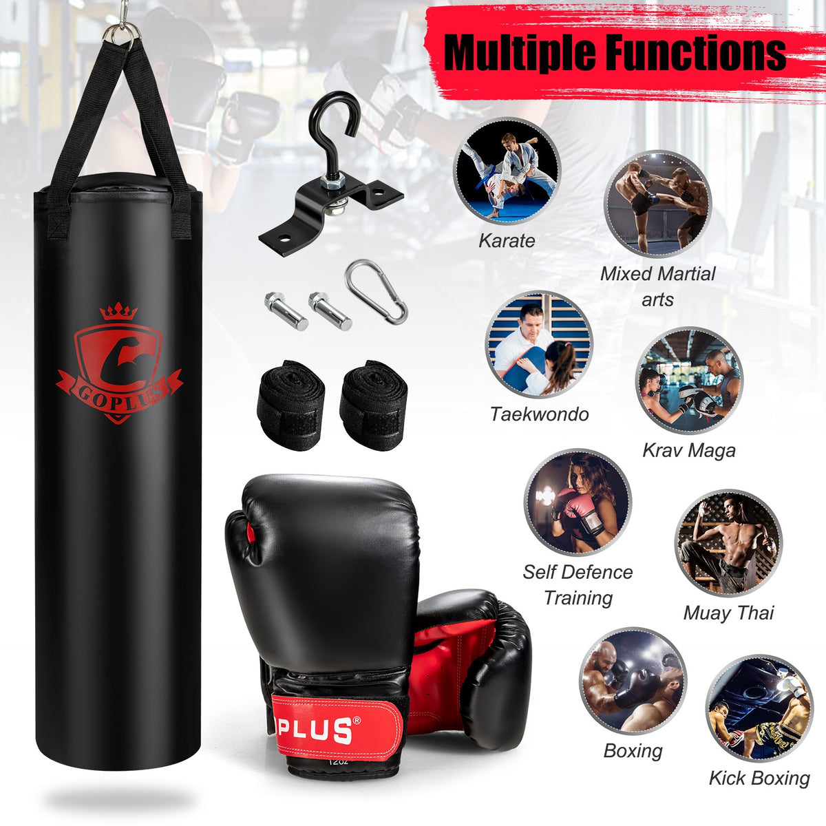 63 lb Punching Bag Set with Gloves and Hand Wraps for MMA Boxing Training