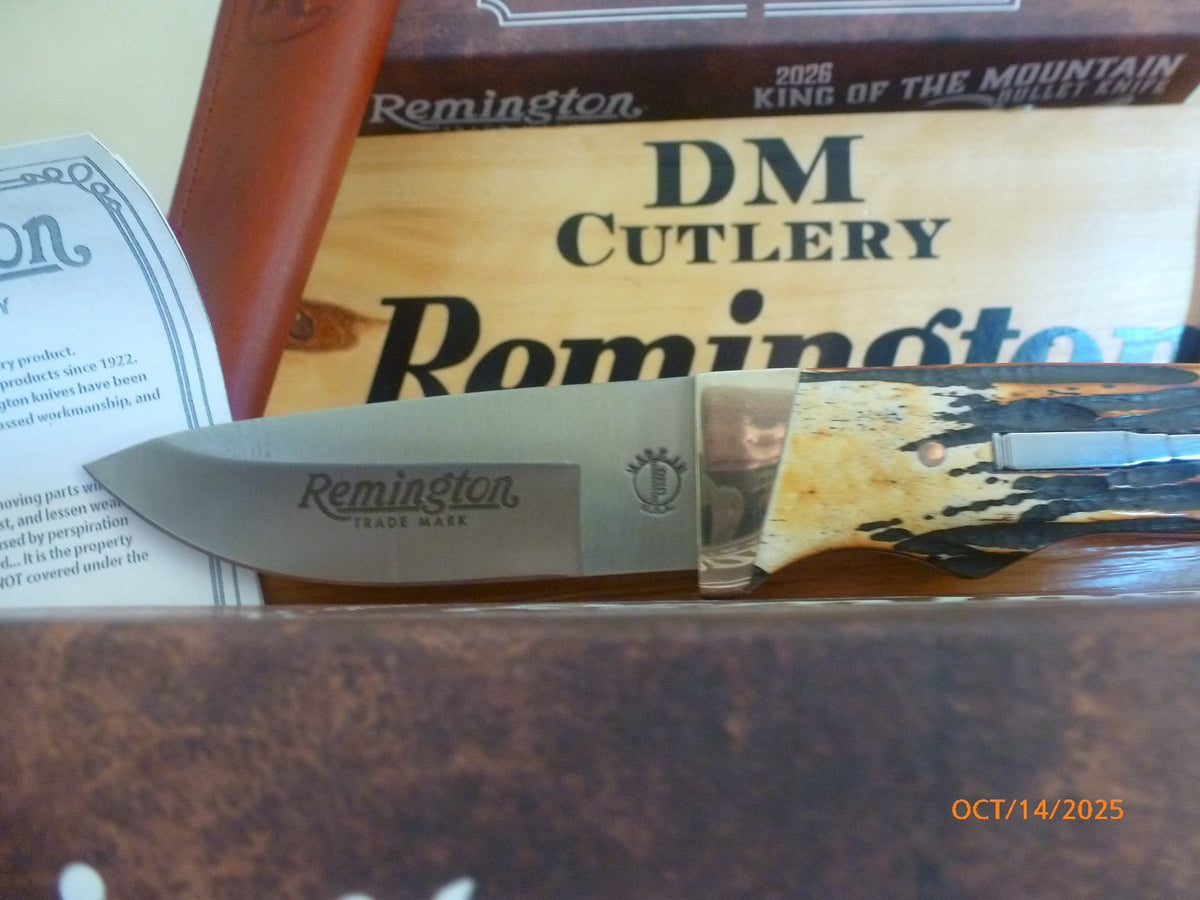 Remington Bullet Knife with Stag Bone Handle and Leather Sheath - Fixed Blade Collectible