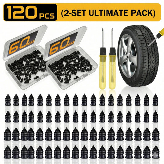Tire Repair Kit with Rubber Nails and Screwdriver - 60/120 Pieces, Dual Sizes