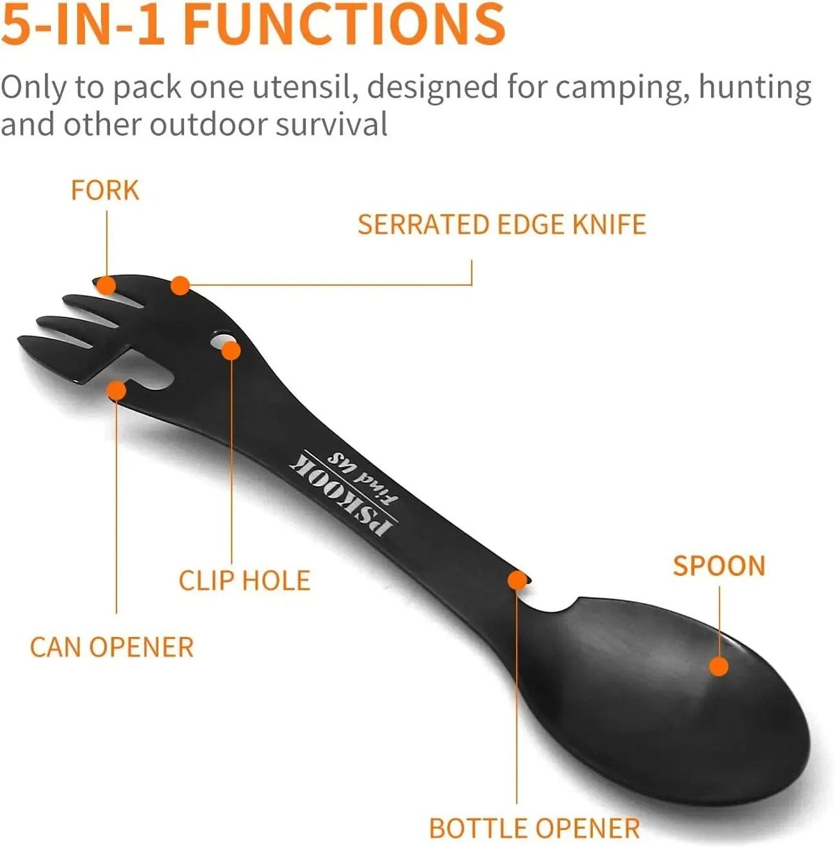 5-in-1 Stainless Steel Camping Spork Set with Bottle Opener & Carabiner