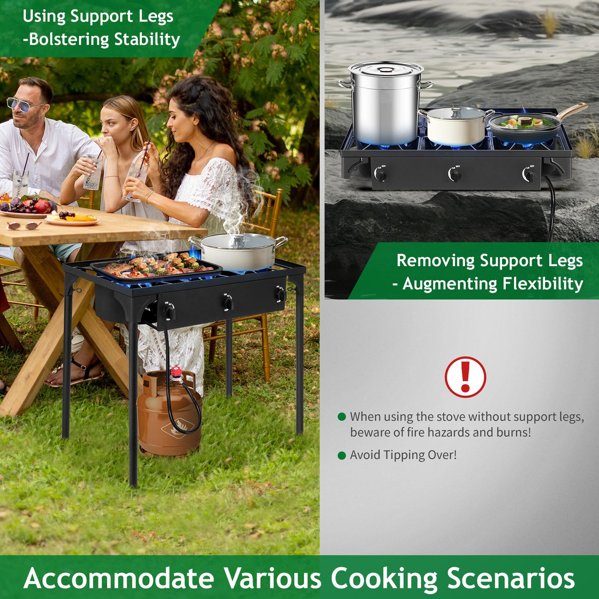 Portable 225,000 BTU 3 Burner Camping Gas Stove Outdoor Cooktop with Windshield