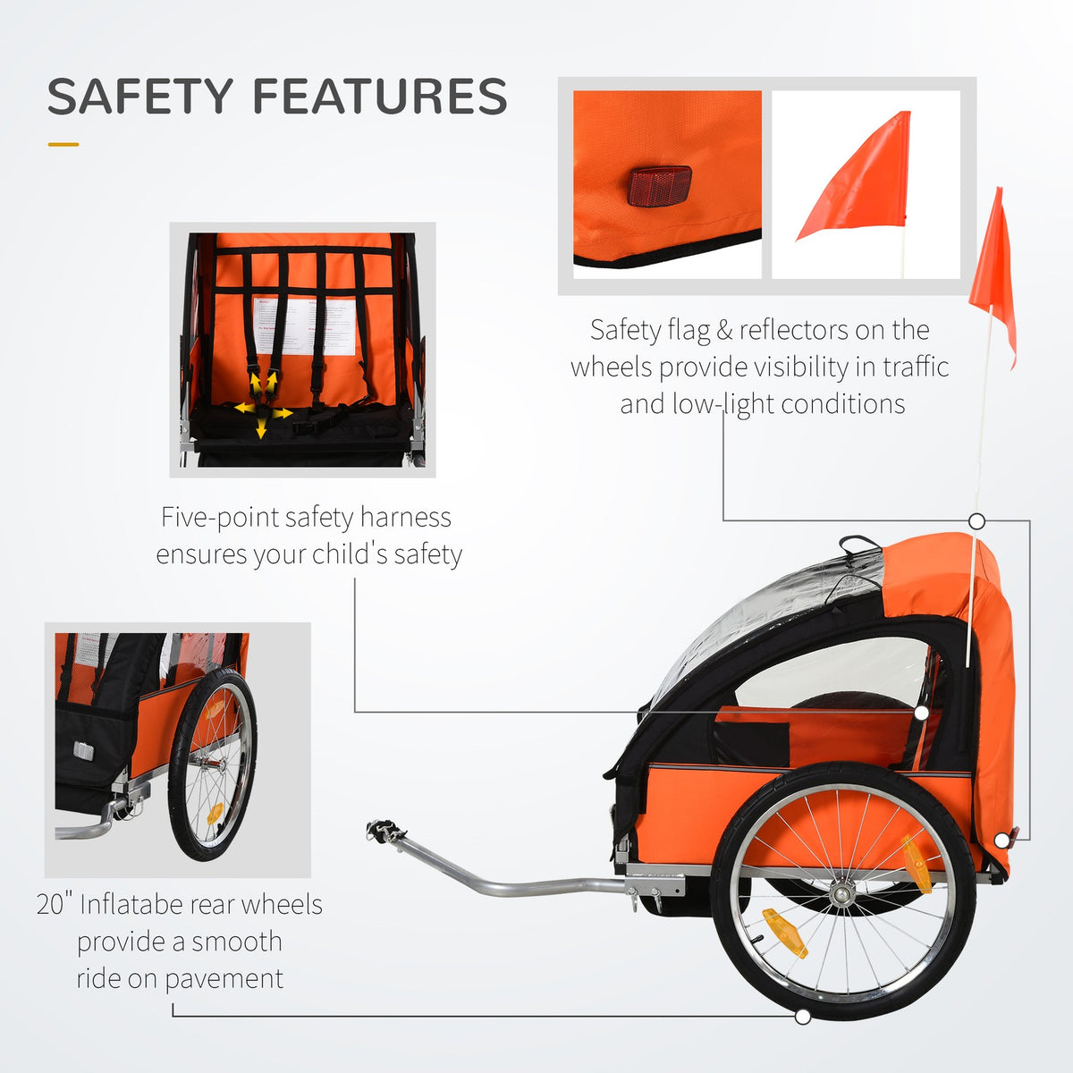 2-Seat Kids Bicycle Trailer - Orange, Steel Frame & Easy Entry