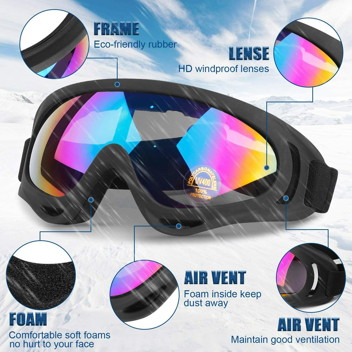 Anti-Fog Ski Goggles Men Women Snowboard Snowmobile UV400 Windproof Snow Sports Gear