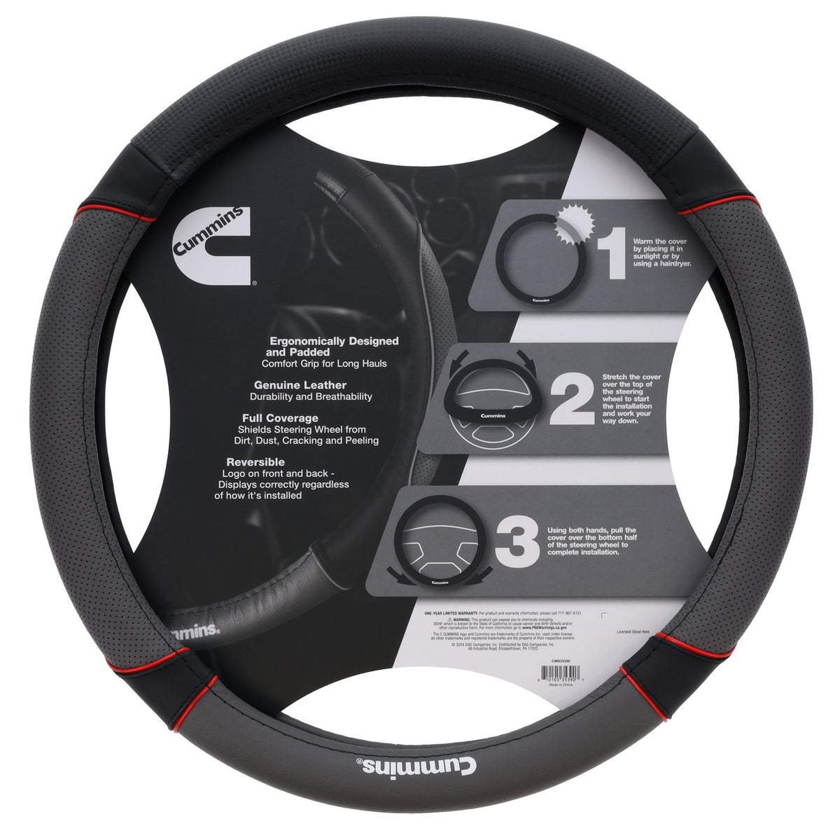 18-Inch Leather Steering Wheel Cover for Semi-Truck and RV - Black and Red