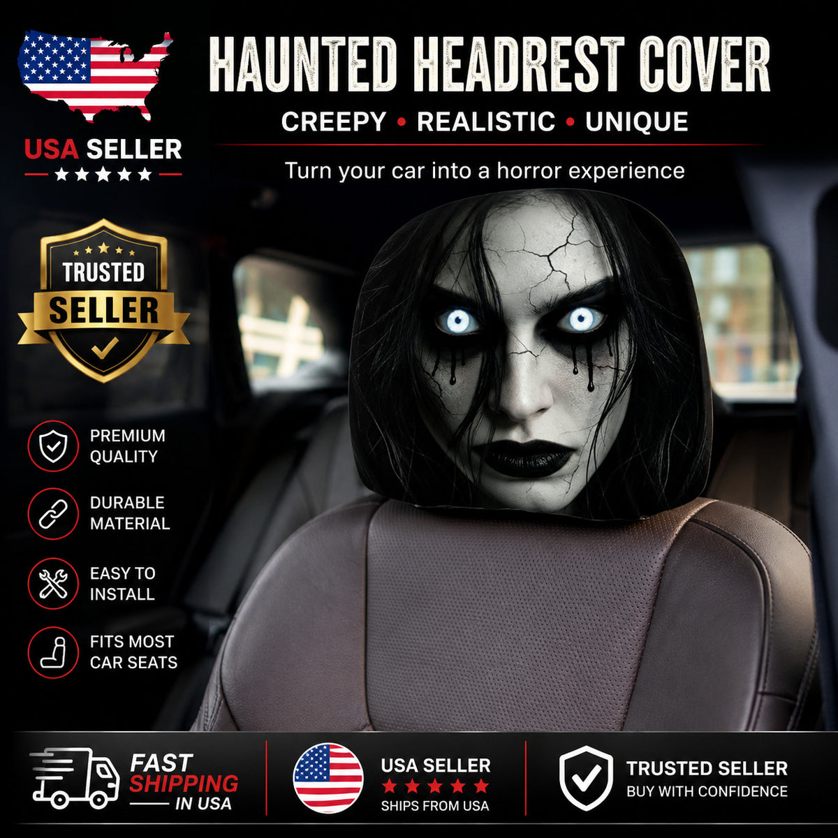 Halloween Ghost Car Headrest Covers Set - Creepy Vehicle Seat Protectors, 2 Pack