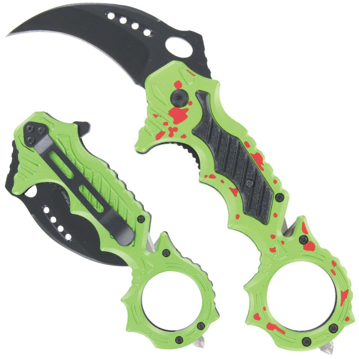 Spring Assisted Tactical Karambit Knife with Zombie Green Finish and Emergency Features