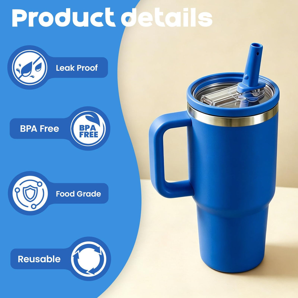 40 oz Leakproof Flip Straw Replacement Lids for HydroJug Bottles (Blue) - 2 Pack