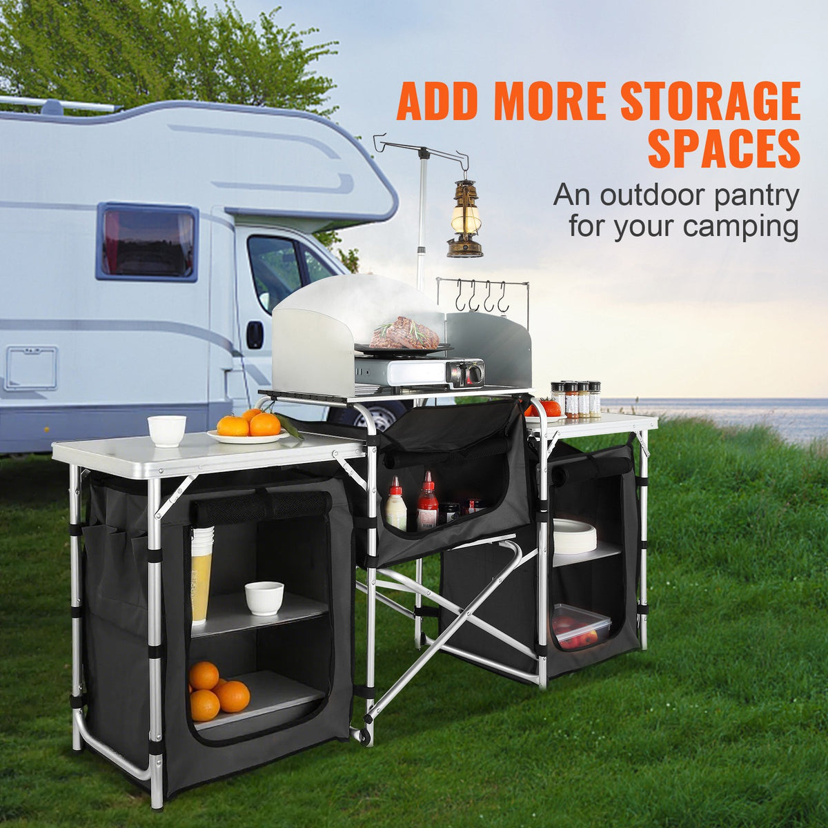 Portable Camping Kitchen Table with 3 Cupboards Folding Outdoor Food Prep Station