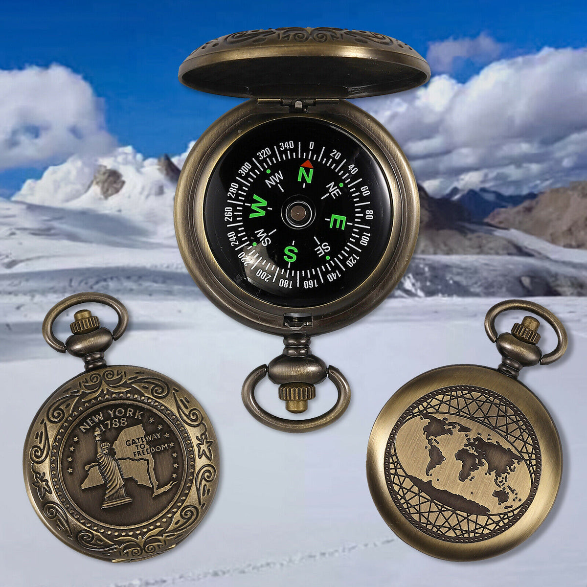Outdoor Camping Hiking Brass Pocket Compass with Chain and Bag