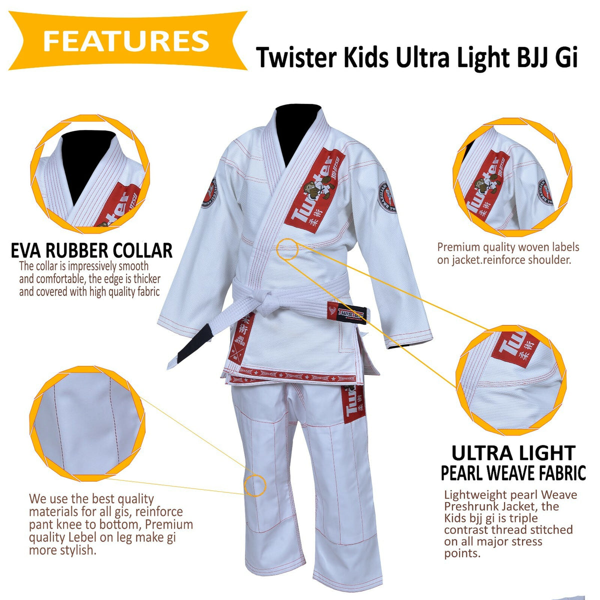 Kids Jiu Jitsu Gi Ultra Light Youth Martial Arts Uniform with Free Bag & Belt
