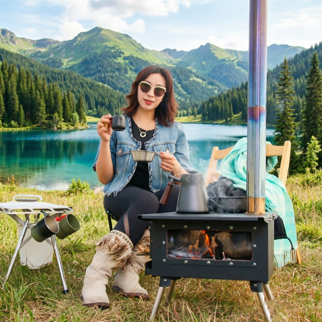 Foldable Camping Wood Stove with Chimney & Accessories - Portable Outdoor Heater & Cooker