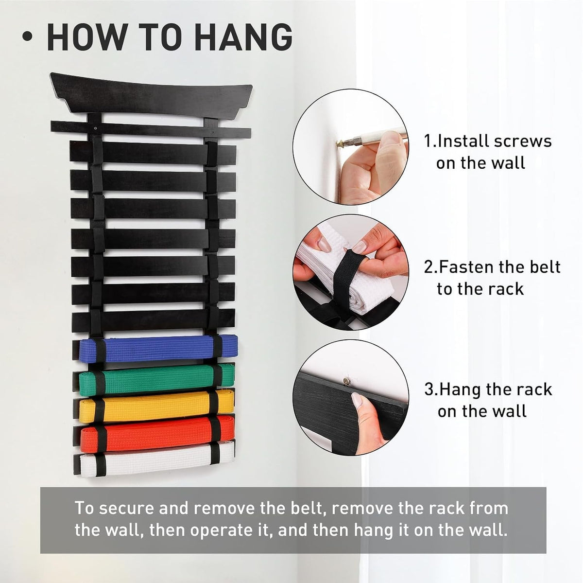 Wall-Mounted Martial Arts Belt Display Rack with Stickers for All Styles