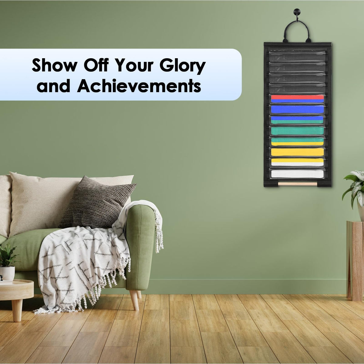 Wall-Mounted 12-Belt Display Rack with Dust-Free Slot Shelves, Martial Arts Organizer