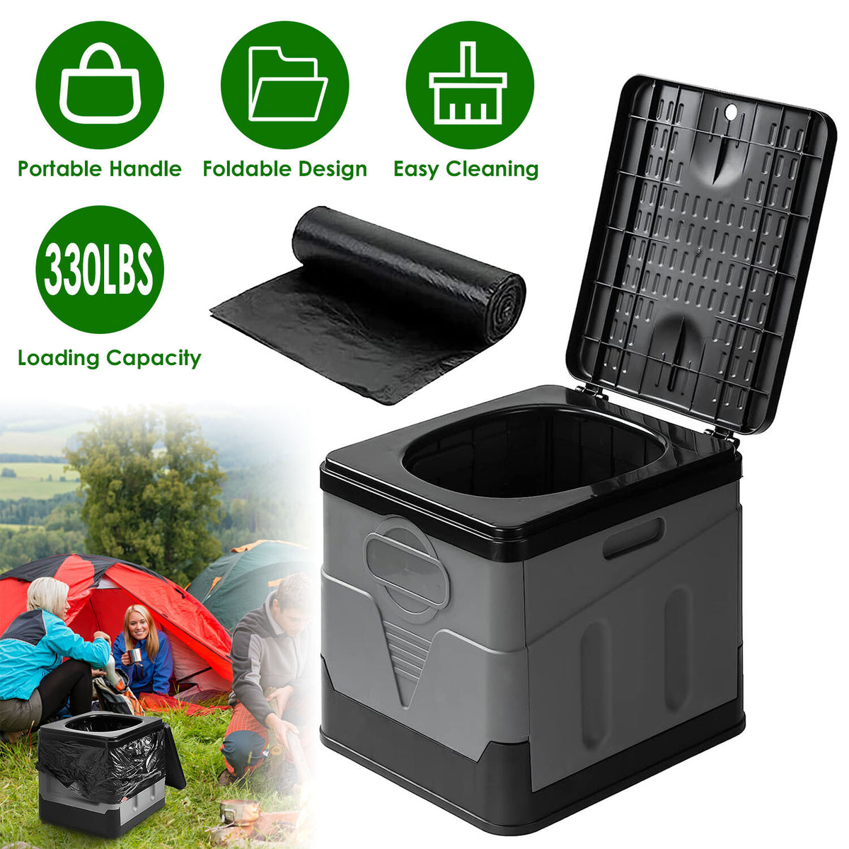 Portable Outdoor Emergency Toilet with Lid and 48 Trash Bags for Camping Travel