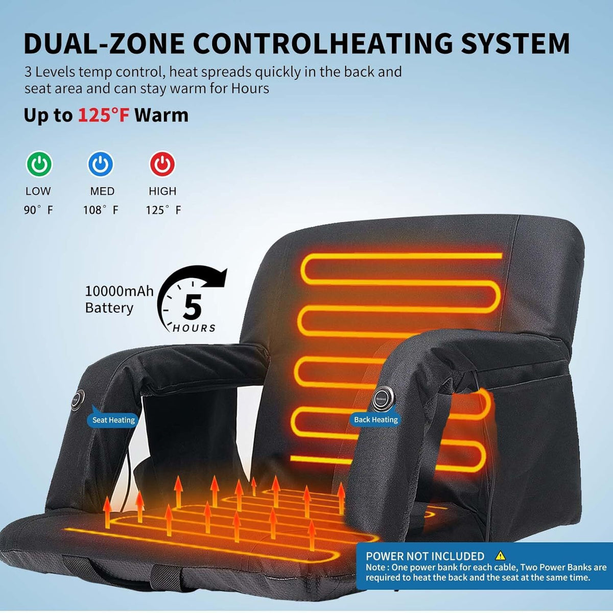 Heated Stadium Seat with Back Support & Reclining Positions - USB Power