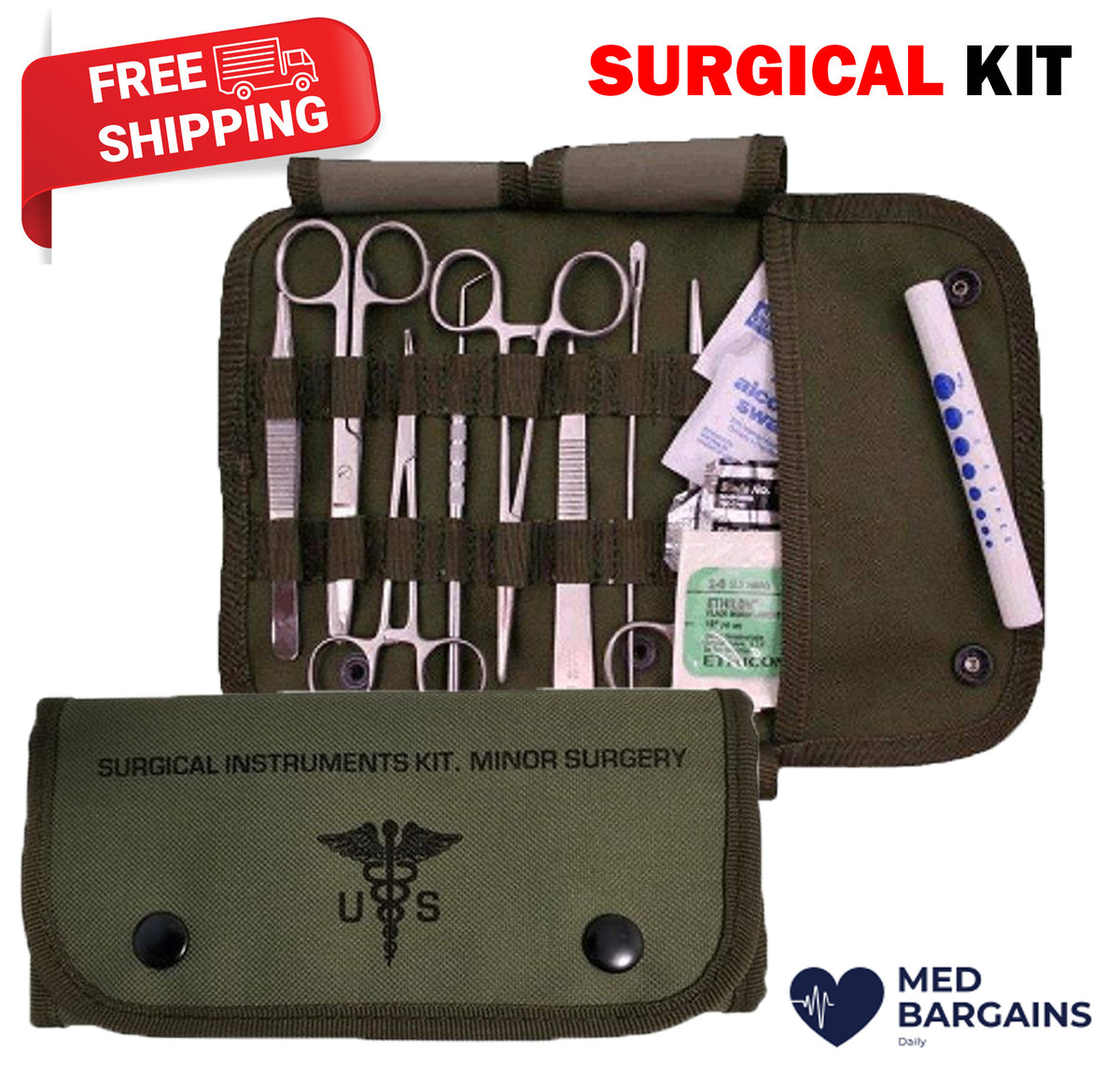 Military First Aid Kit with Green Canvas Pouch - Surgical Emergency Supply