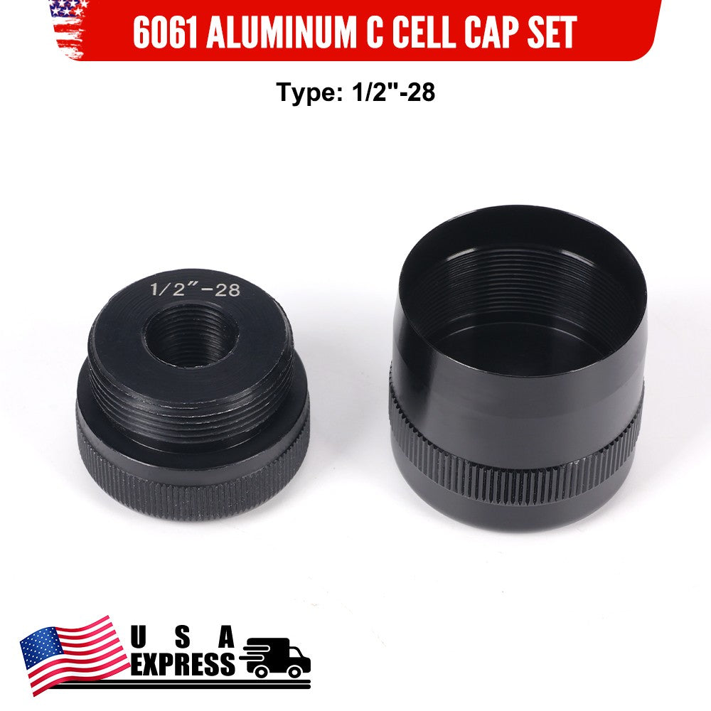 Aluminum Threaded End Cap Set for 1/2-28 C Cell Batteries - High-Quality 6061 Alloy