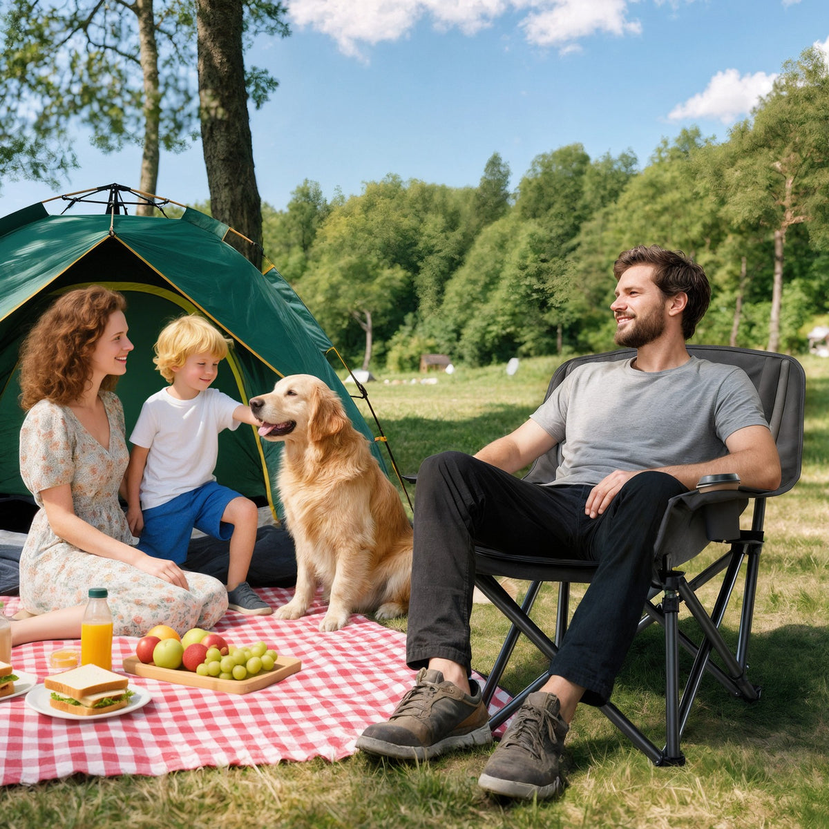 Portable Folding Camping Chair with High-Density Padding, Cup Holders and Side Pockets, Black and Gray