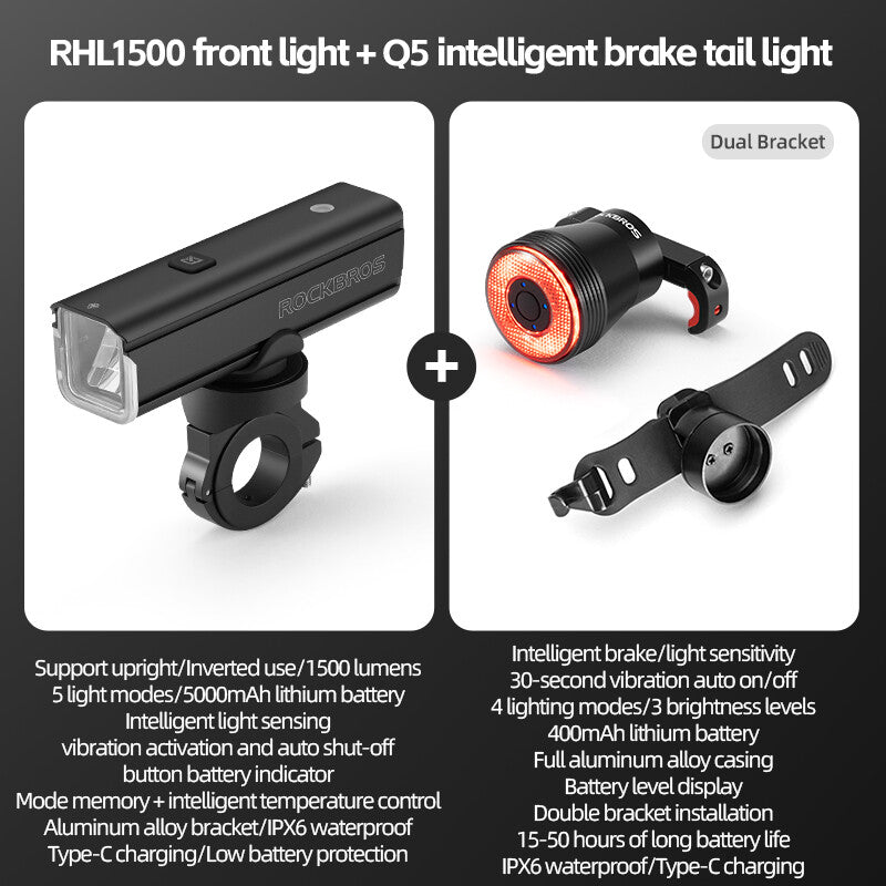 High Brightness Bike Front & Rear Light Set USB-C LED Headlight 1500LM