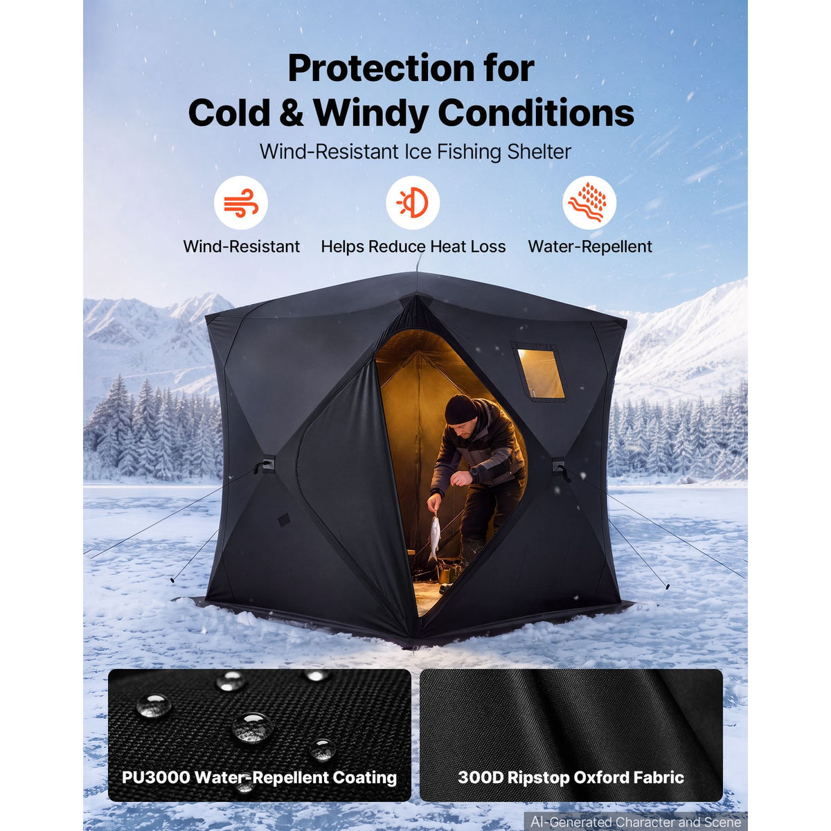 Pop-Up Ice Fishing Tent for 3-4 People - Portable 90x90x77in Shelter