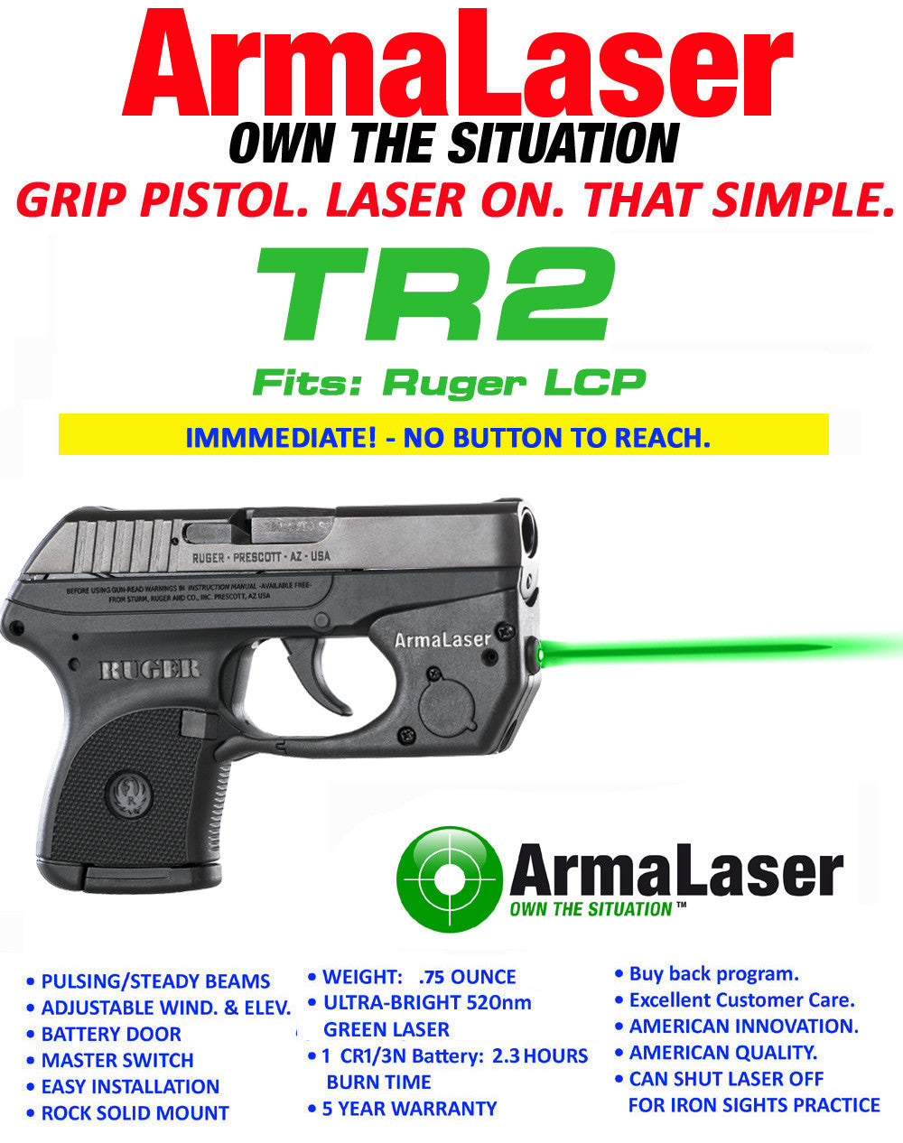 Green for Ruger LCP Gen 1 - Instant Activation, Human Touch Technology