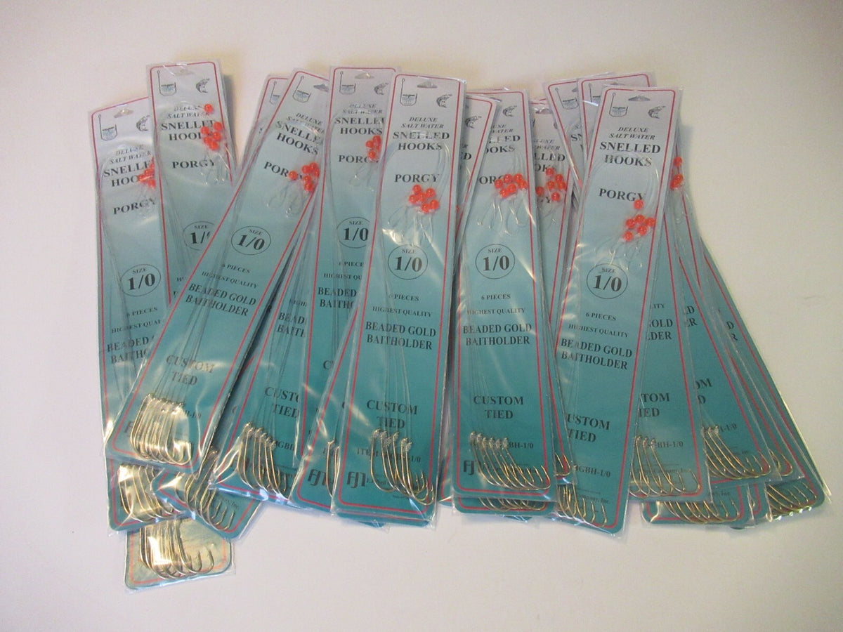 144 Beaded Gold Fish Hook Rigs for Porgy & Sea Bass Fishing - Multiple Sizes