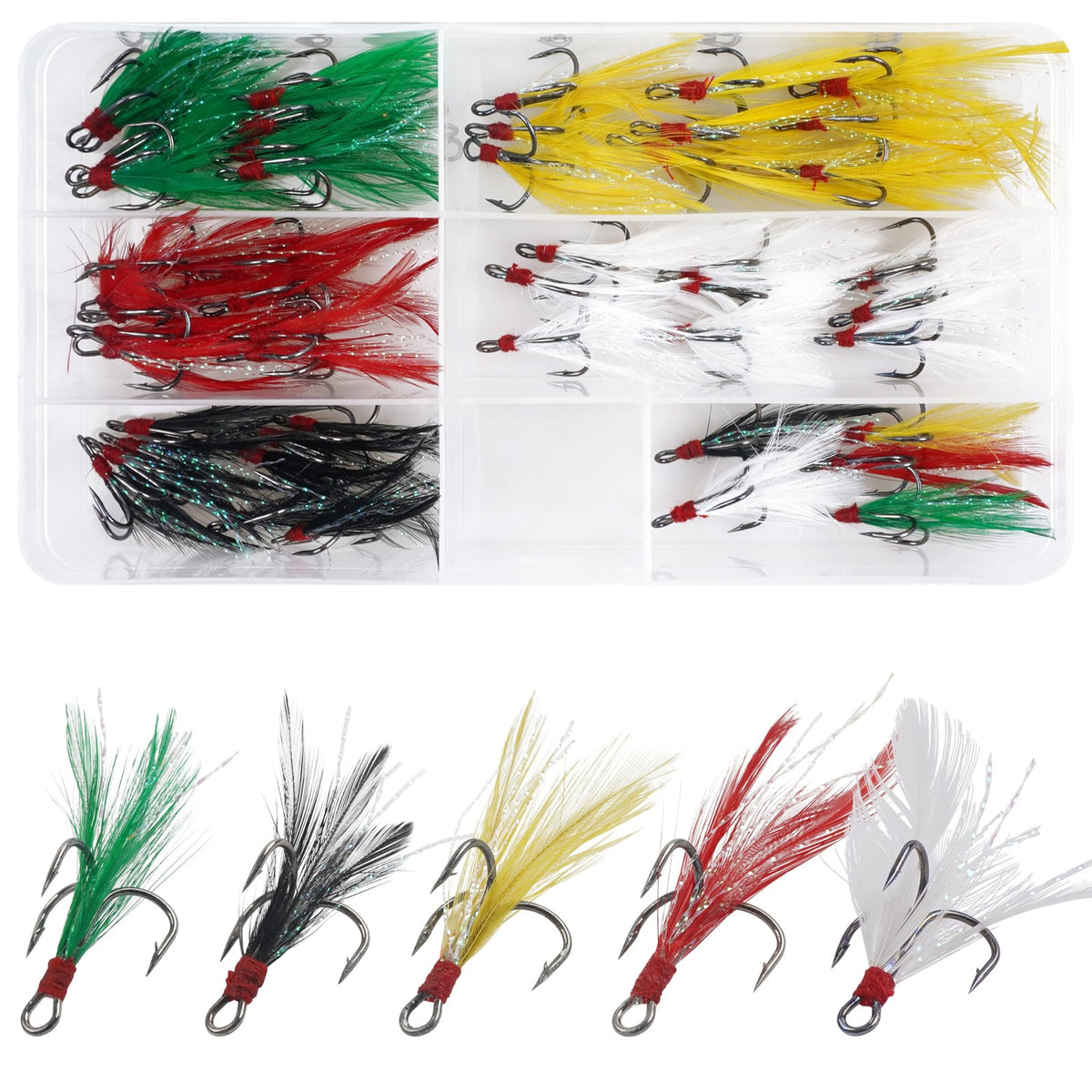 Fishing Treble Hooks Kit 50pcs Feathered Dressed Round Bend Saltwater & Freshwater