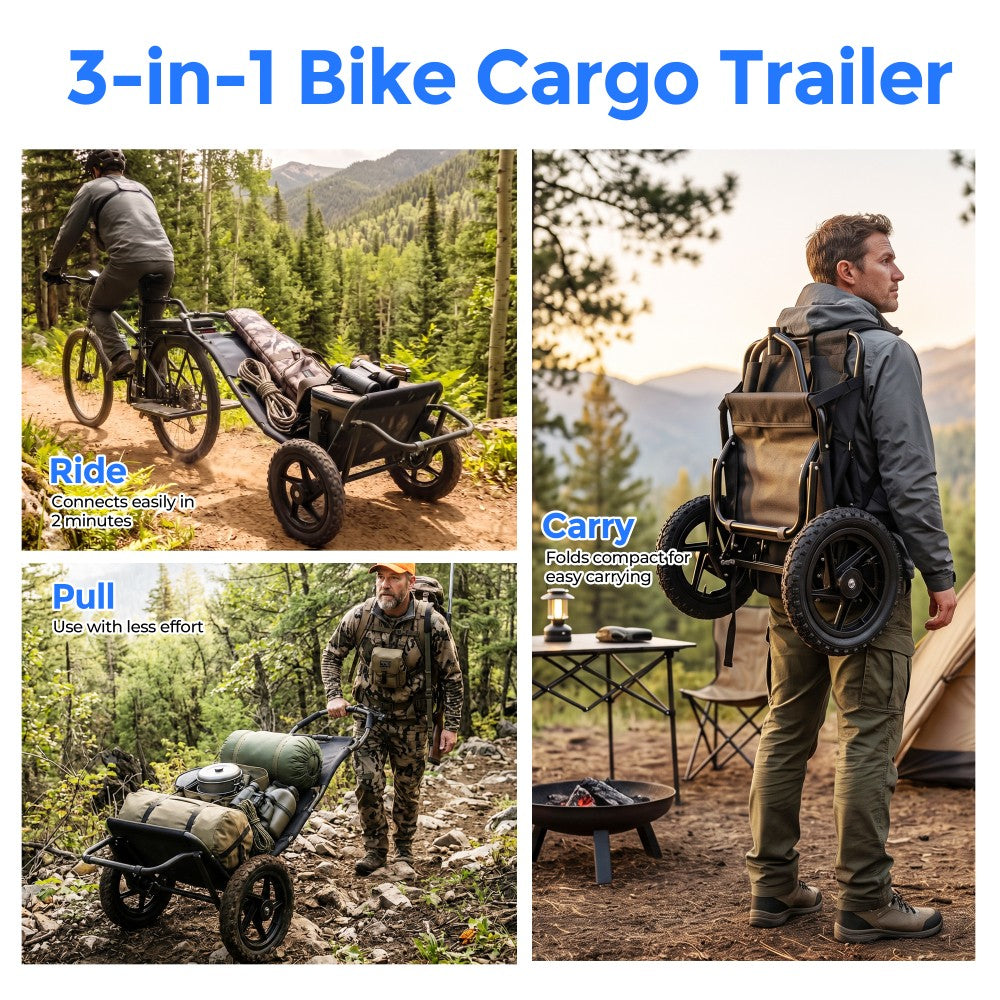 3-in-1 Bike Cargo Trailer Folding Wagon with 12-Inch Wheels Carbon Steel