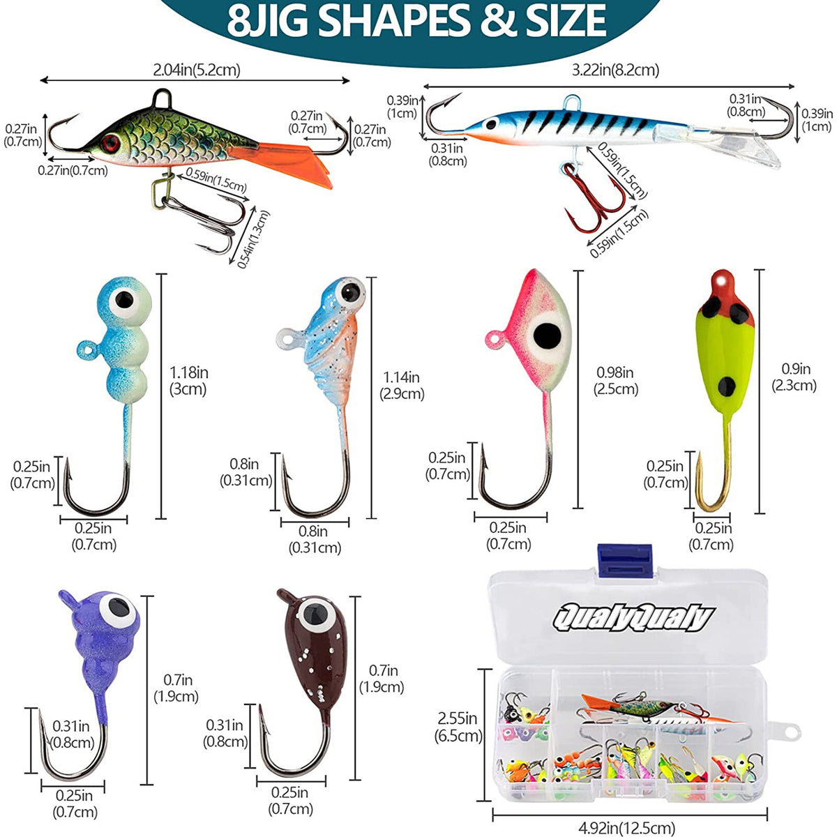 38Pcs Ice Fishing Jigs Set Glow Lures for Perch Crappie Panfish - Tackle Kit