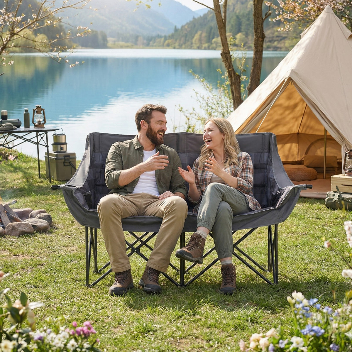 Oversized Folding Camping Loveseat Chair for 2 with Padded Seat Support 660lbs