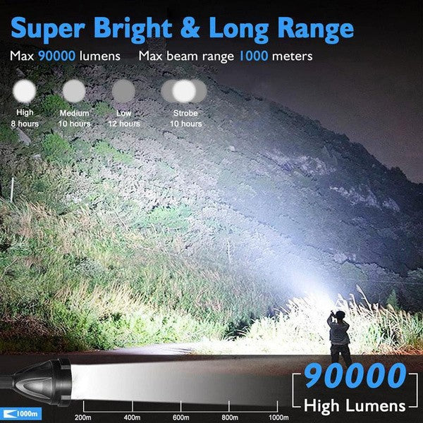 90000LM High Power LED Spotlight Flashlight with 4 Modes Waterproof Searchlight