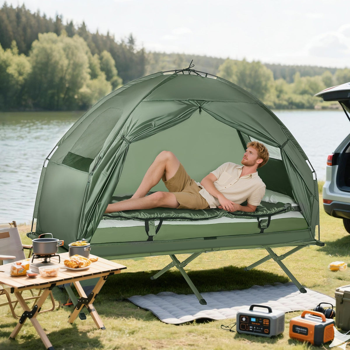 Outdoor Camping Tent Cot with Air Mattress and Sleeping Bag - Portable, Elevated Bed Set