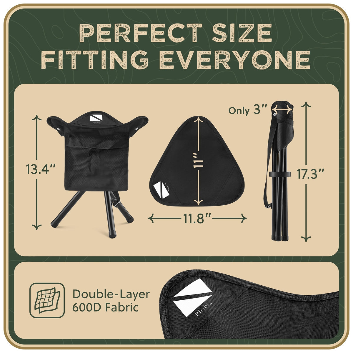 Foldable Tripod Stool 13.4" Portable Camping Seat with Mesh Pocket