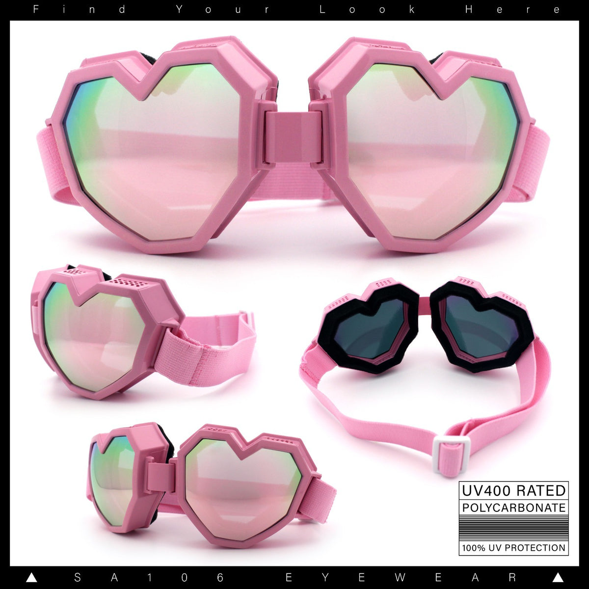 Heart Shaped Goggle Sunglasses with Mirror Lenses - Festival & Cosplay Accessory