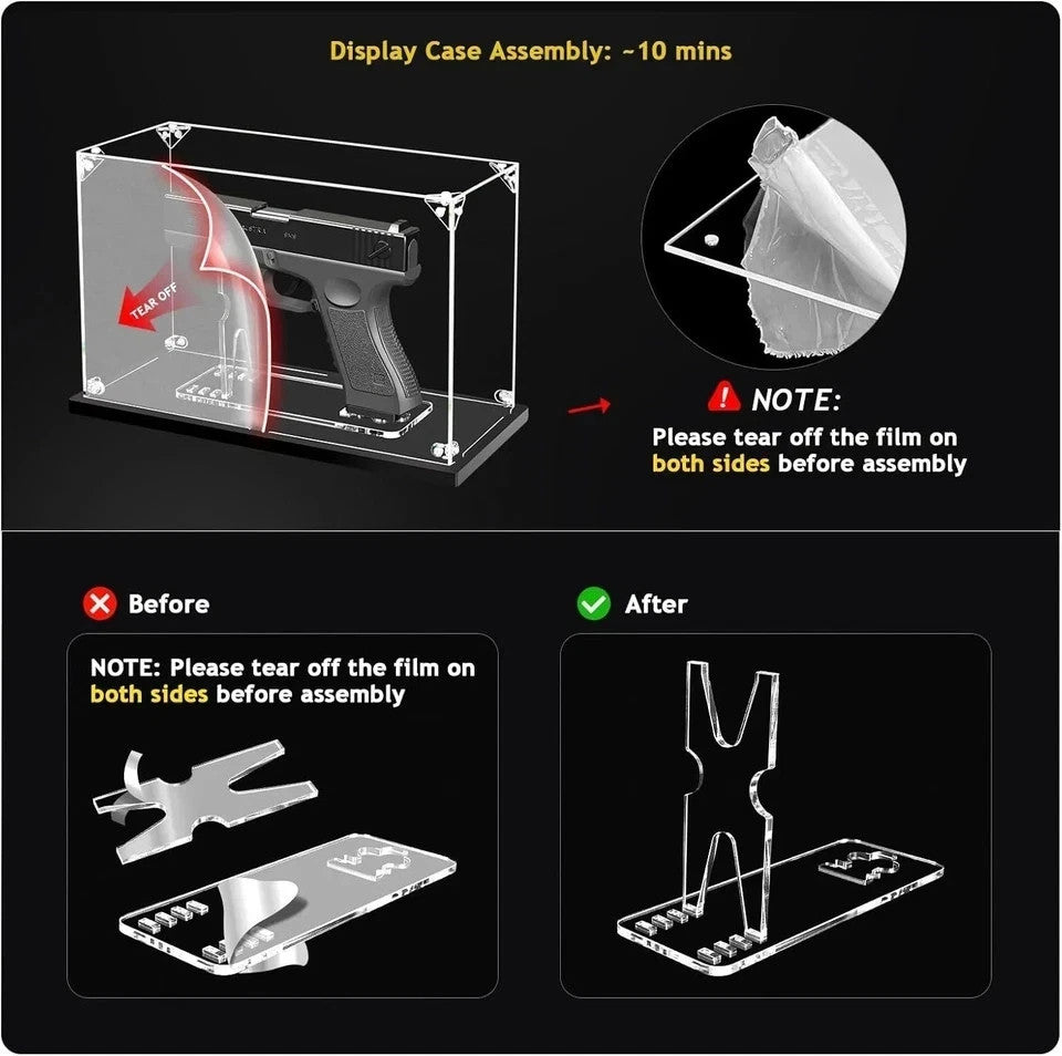 11-Inch Acrylic Gun Display Case Shadow Box Pistol Stand Holder