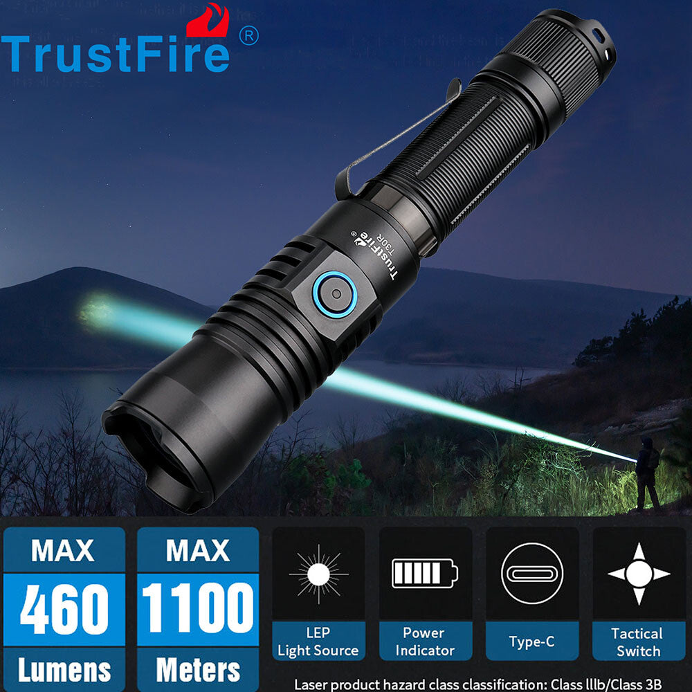 High-Power Tactical LED Flashlight 1100m Beam, USB-C Rechargeable