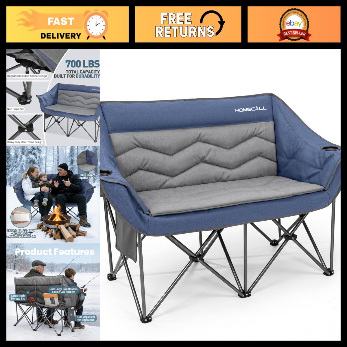 42-Inch Heavy Duty Double Camping Chair Supports 700 lbs for Outdoor Use