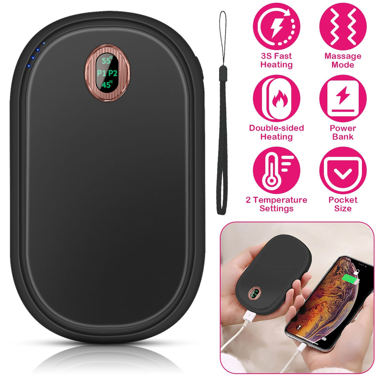 Rechargeable Hand Warmers Power Bank with USB Charging and Adjustable Heat
