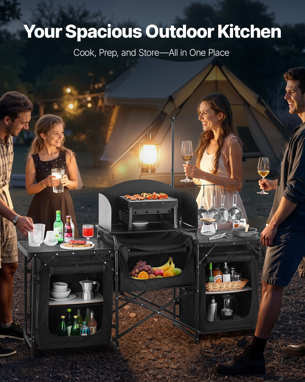 Portable Camping Kitchen Table with Windshield and Storage Compartments