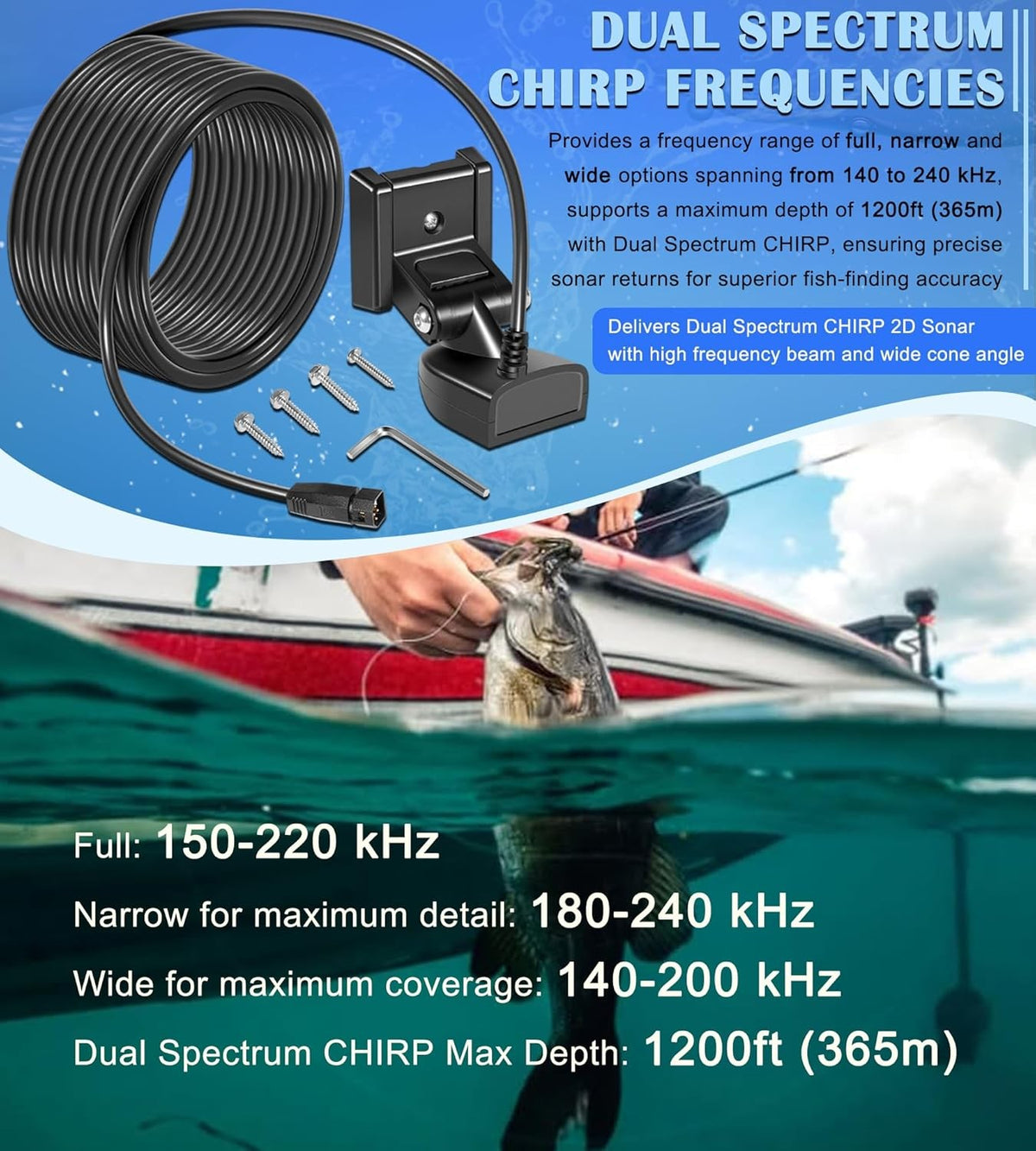 Transom Mount Fish Finder Transducer Compatible with Humminbird Helix Models - 20Ft Cable