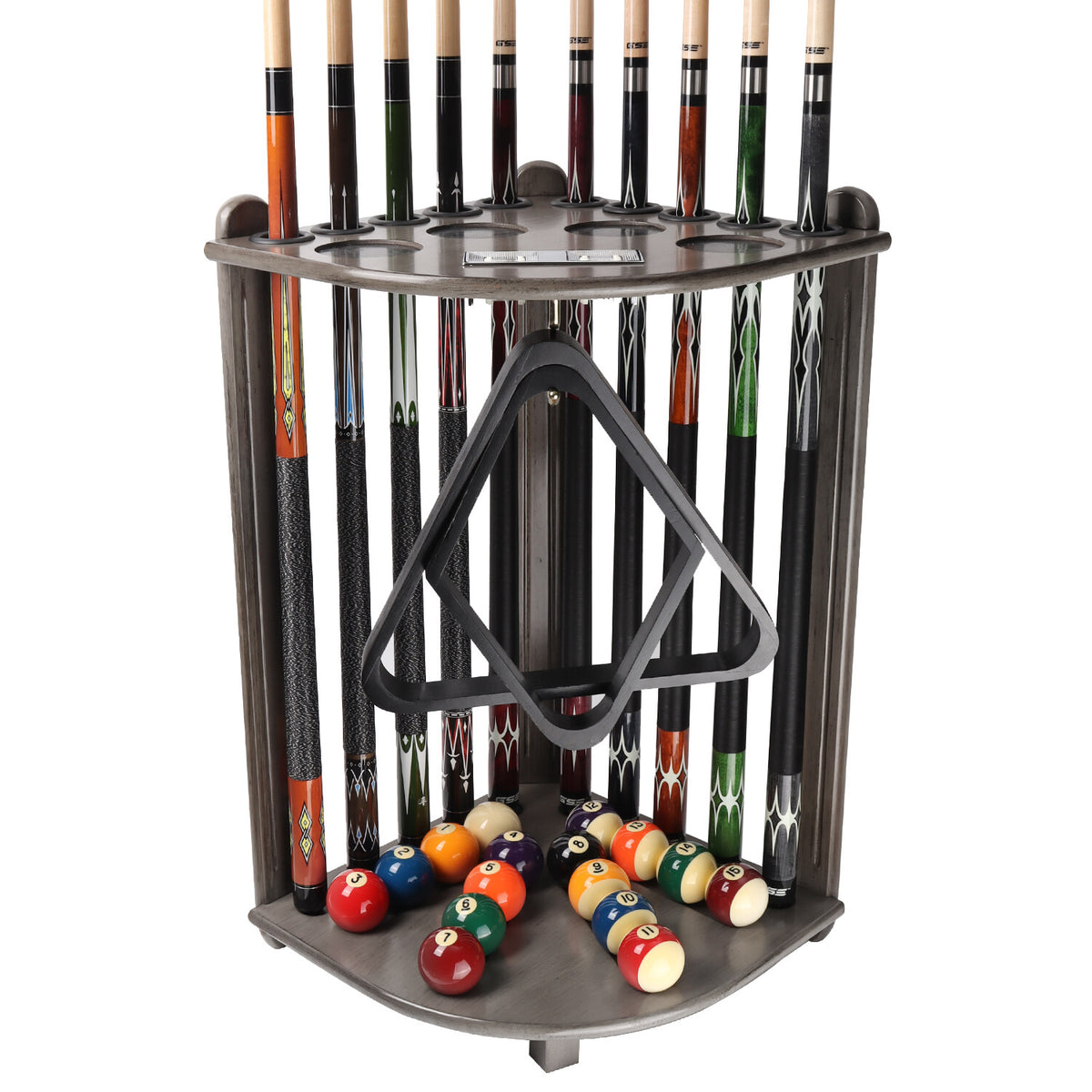 10-Cue Corner Floor Pool Cue Rack, Solid Wood Stand with Score Counters