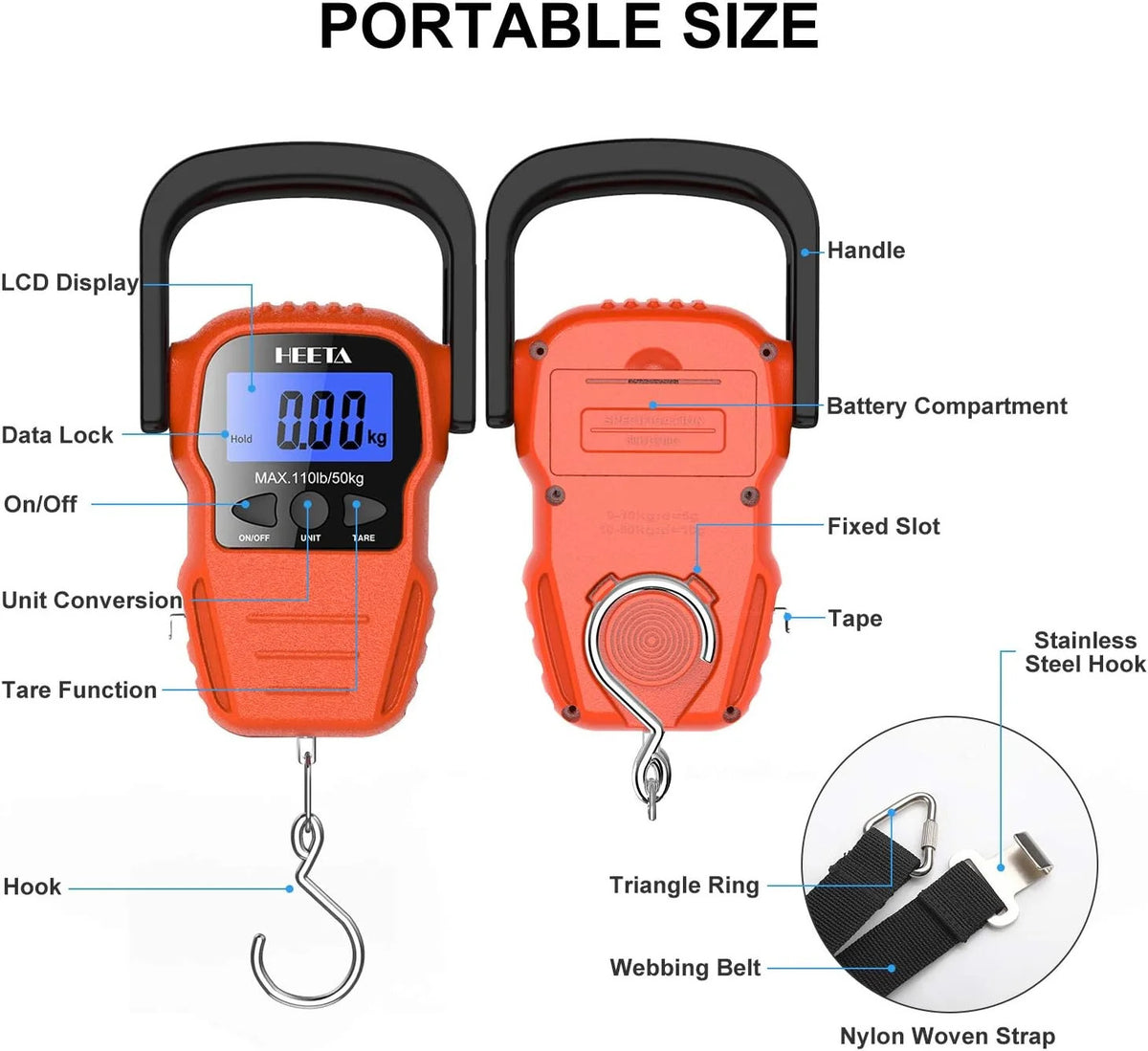 Digital Fish Scale with Backlit LCD Display 110lb/50kg Portable Hanging Weighing Tool